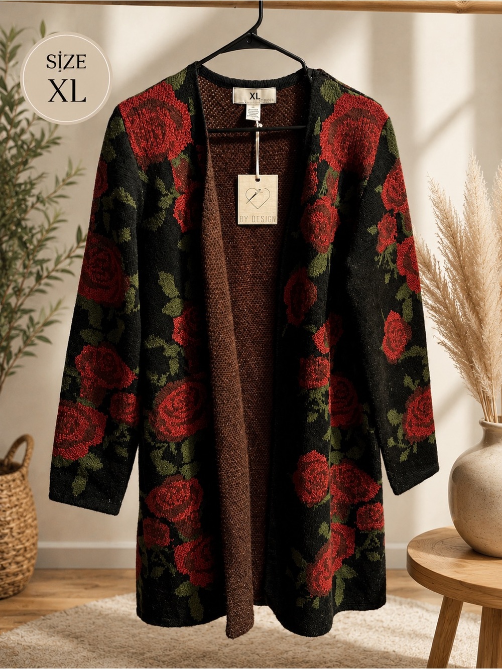 XL Black Floral Rose Open-Front Cardigan Sweater